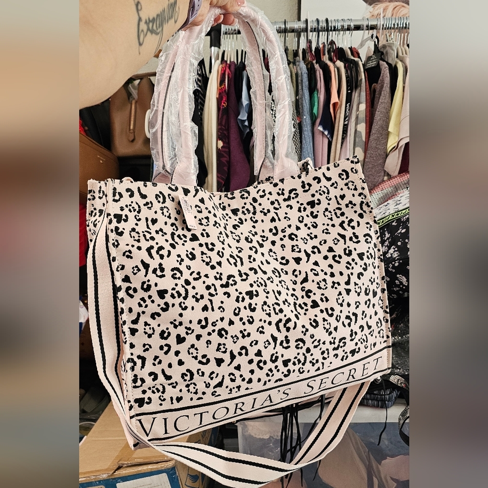 Victoria's Secret Light Pink Leopard Print Tote with Logo Trim